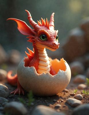 The primary subject of the image is a small, colorful dragon figurine sitting inside an egg. The setting is a rocky environment, with the dragon figurine placed on a rock. The visual style is a digital art or illustration, creating a whimsical and imaginative scene. The dominant colors are red and orange, giving the dragon figurine a vibrant and lively appearance.